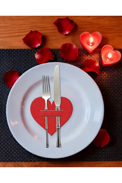 ÇEÇEN HOME 6 Adet Çatal/Kaşık Tutucu Seti Keçe Kalp Peçetelik Romantik Masa D...