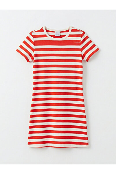 LC Waikiki Κόκκινο φόρεμα για κορίτσια με λαιμόκοψη ποδηλάτου Ριγέ