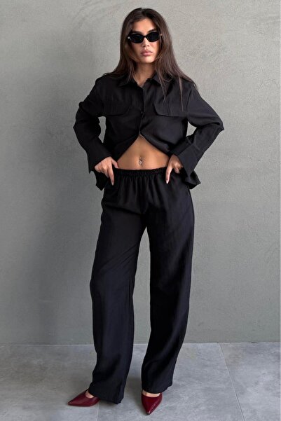 Madmext Set cămașă pentru femei din țesătură Tensel neagră cu nasturi Mg2621