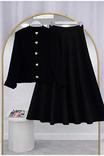 MODA VEDAT Women's Button Detailed Knitwear Cardigan - Puff Scuba Skirt Set