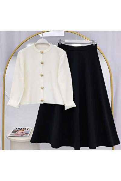 MODA VEDAT Women's Button Detailed Knitwear Cardigan - Puff Scuba Skirt Set