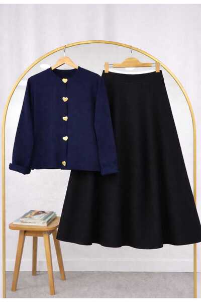 MODA VEDAT Women's Button Detailed Knitwear Cardigan - Puff Scuba Skirt Set