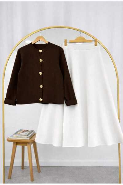 MODA VEDAT Women's Button Detailed Knitwear Cardigan - Puff Scuba Skirt Set