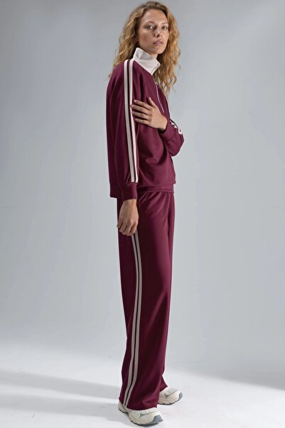 Hiccup Modal Textured Zippered Collar Striped Wide Leg Two-Piece Suit Berşan ...