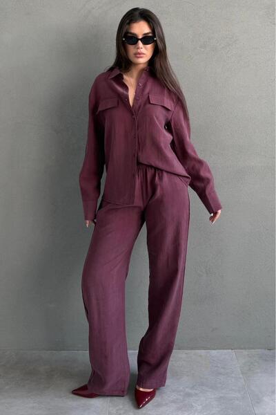 Madmext Set cămașă pentru femei din țesătură Tensel burgundy cu nasturi Mg2621