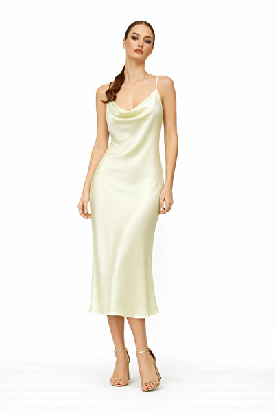 codemark İnce Askılı Degaje Yaka Saten Midi Elbise