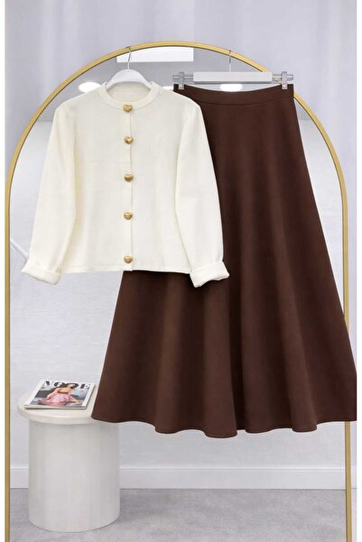 MODA VEDAT Women's Button Detailed Knitwear Cardigan - Puff Scuba Skirt Set