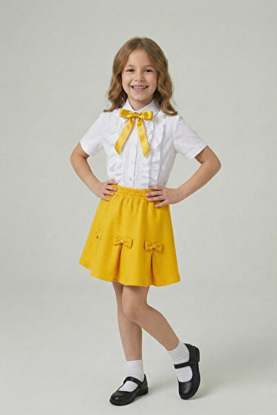 FATELLA Cămașă cu volane și fundă galbenă pentru fetițe, fustă cu panglică, c...