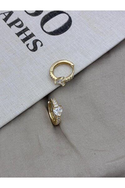 Hedef Bijuteri Gold Color Middle Heart Model Zircon Stone Hoop Earrings Cm142