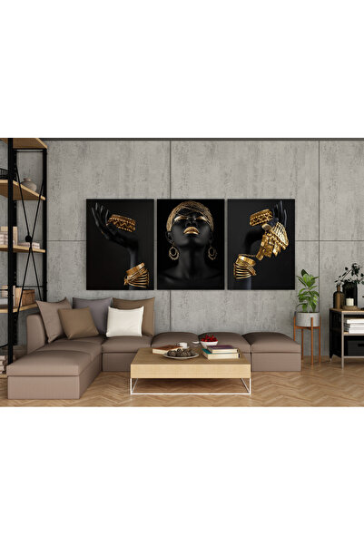 suncrafted Modern Gold Siyah Afrikalı Kadın Figürlü 3 Parça Kanvas Tablo – Sa...