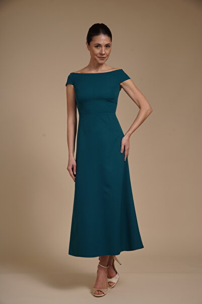 Velinna Elegant A-line midi dress in stretch crepe with bardot neckline