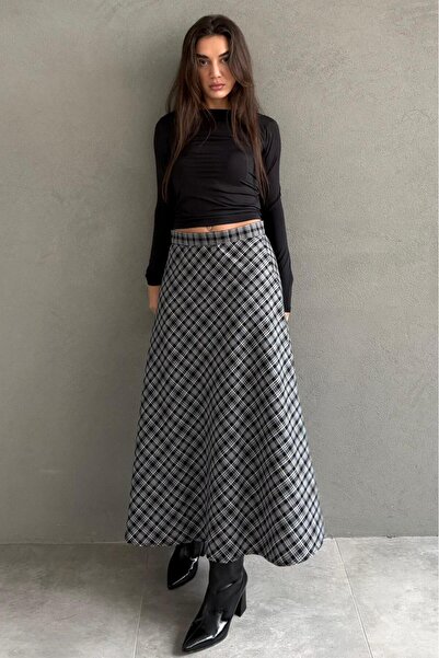 Madmext Black Plaid Patterned Midi Length Women's Skirt Mg2649