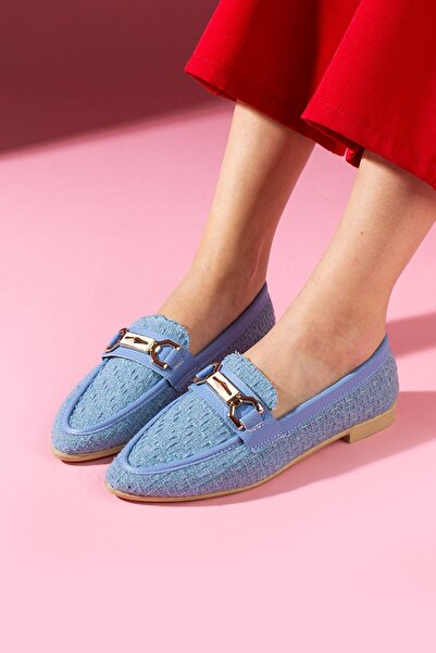 FUGA MODA Cassia Baby Blue Glitter Fabric Loafer Ballet Flats with Gold Chain...