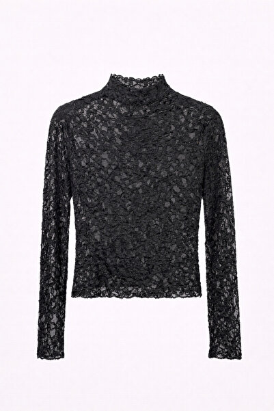 Mixray 2037 Women's Lace Mock Neck Long Sleeve Transparent Blouse Black