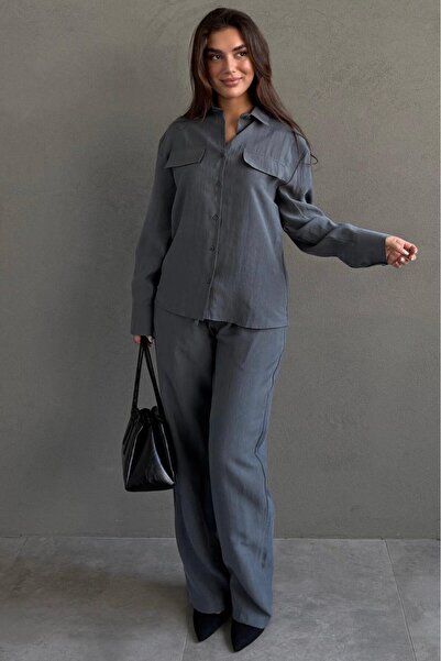 Madmext Set cămașă pentru femei din țesătură Tensel afumată cu nasturi Mg2621