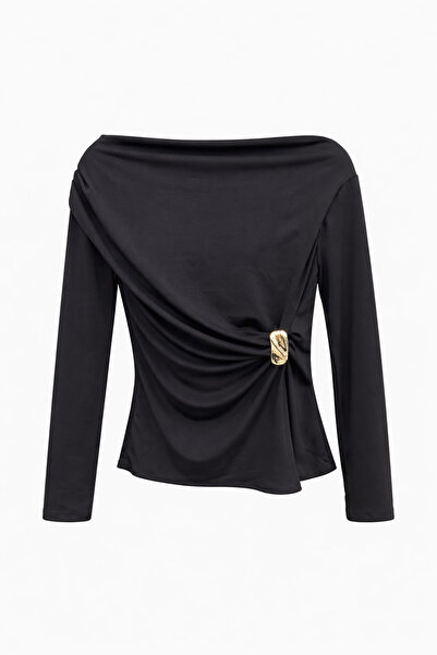 Mixray 2039 Γυναικεία μπλούζα με χρυσή αγκράφα και λεπτομέρεια στον λαιμό, μαύρη