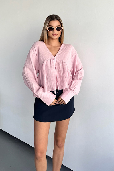 JEE LEE Women's V-Neck Tie Detail 100% Cotton Blouse Pink - 26Y 1003