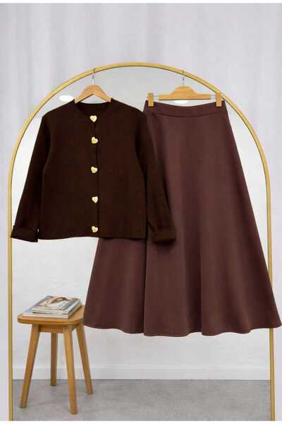 MODA VEDAT Women's Button Detailed Knitwear Cardigan - Puff Scuba Skirt Set