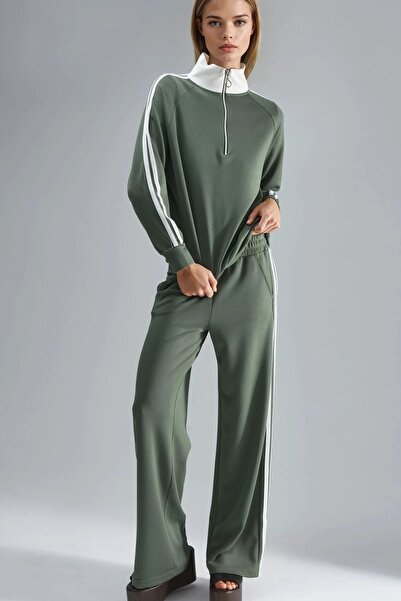 Hiccup Modal Textured Zippered Collar Striped Wide Leg Two-Piece Suit Berşan ...