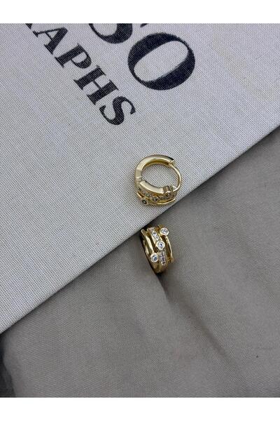 Hedef Bijuteri Gold Color Zircon Stone Three Rows Round Detailed Hoop Earring...