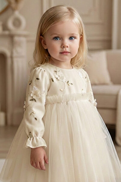 ALYRA Rochie pentru fetiță, cu mâneci lungi, tutu din tul, cu flori 3D, zi sp...
