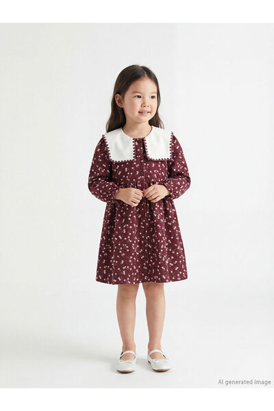 LC Waikiki Bordo Bebe Yaka Çiçekli Kız Çocuk Elbise