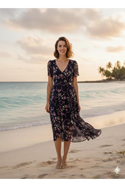 han collection tülbent elbise %100 pamuk lacivert