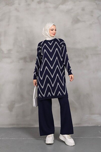 PALME D'OR Women's Silvery Zigzag Patterned Knitwear Trouser Set