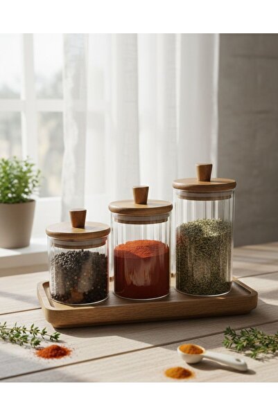 Ogeda Home, Mien 3’lü Akasya Ahşap Kapaklı Baharat Seti -Altlıklı Baharat Set...