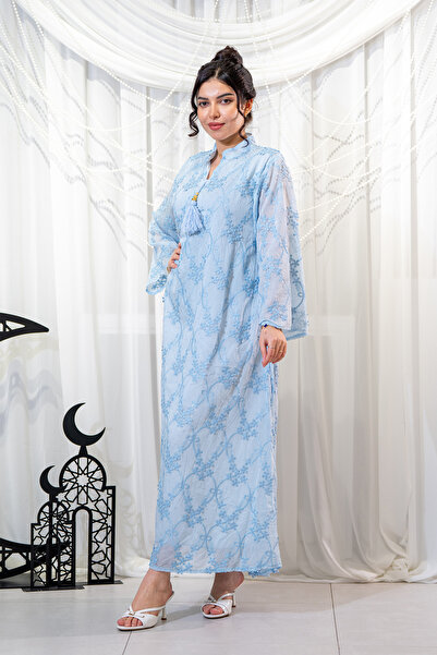 Hasnaa Abaya Elegant sky-blue jalabiya with floral embroidery (vinyl)