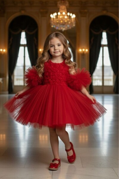 ABİYEKİDS Pompom Sleeves Rose Embossed Children's Evening Dress Aby246