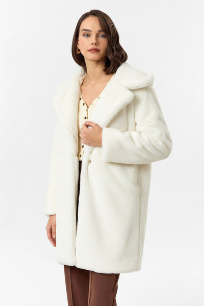 NEW JOURNAL Women's Ecru Hooded Pocket Plush Fur Coat Ayr1282