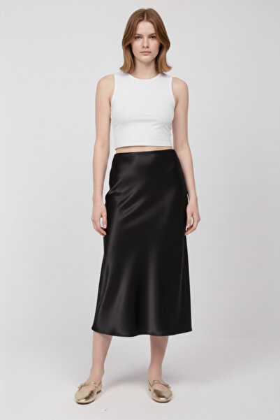NEW JOURNAL Γυναικείο Μαύρο Midi μήκος Σατέν Φούστα καμπάνα AYR355