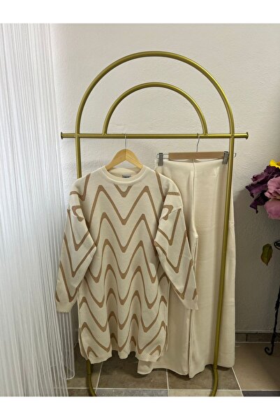 PALME D'OR Women's Silvery Zigzag Patterned Knitwear Trouser Set