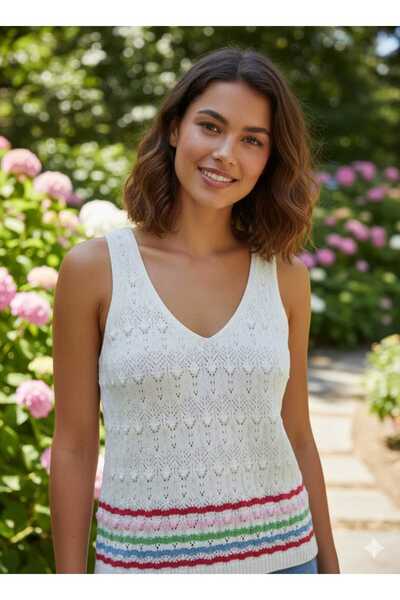 FOMERA TREND Kadın Beyaz V Yaka Ajurlu Triko Atlet - Renkli Çizgi Detayl