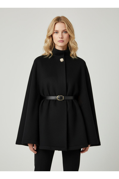 NEW JOURNAL Women's Black Leather Belted Cashmere Poncho Ayr2246