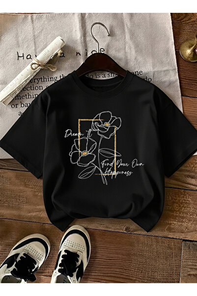 caddekombin Women's Floral Graphic Printed Crew Neck Black T-Shirt