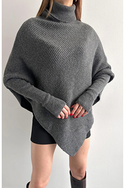 URİS Women's Anthracite Asymmetrical Cut High Neck Turtleneck Knitwear Sweater