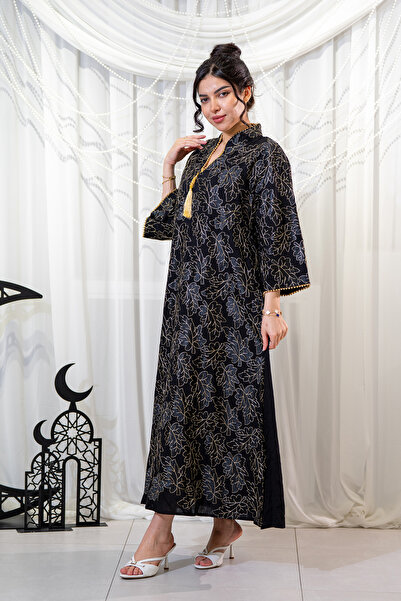 Hasnaa Abaya Black Ramadan jalabiya with luxurious copper embroidery