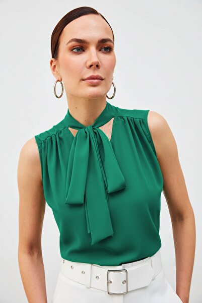 Sateen Sleeveless Blouse with Scarf - Green
