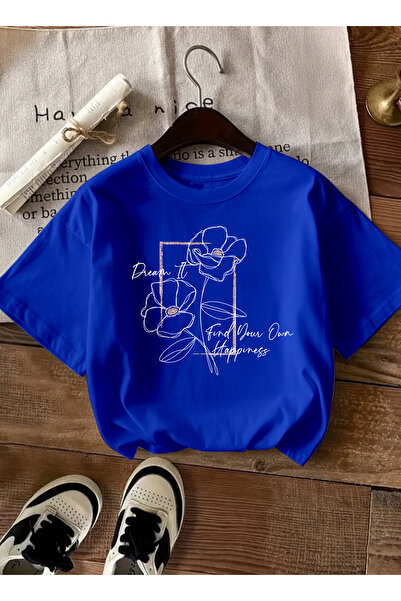 caddekombin Women's Floral Graphic Printed Crew Neck Cobalt Blue T-Shirt