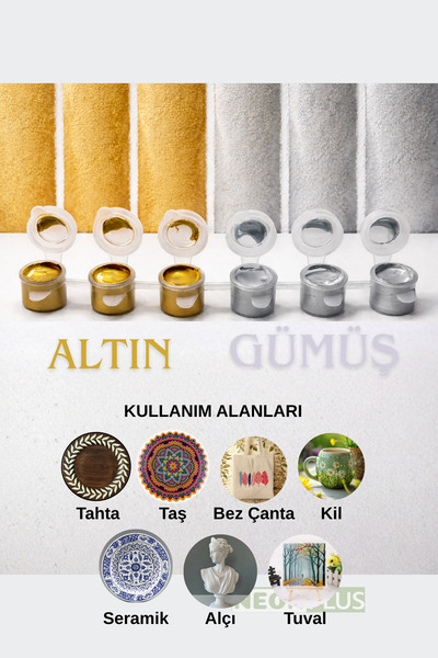NEON PLUS Akrilik Boya 3ml, Altın ve Gümüş Renk (6'lı Şerit) Workshop, Etkinl...
