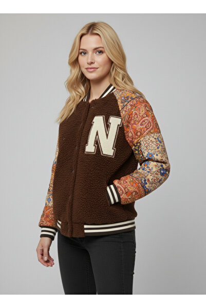 NEW JOURNAL Kadın Kahverengi Kolları Baskılı Nakışlı Bomber Mont AYR1875