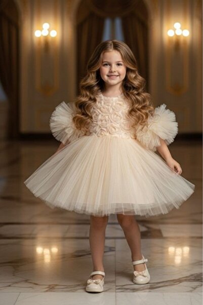 ABİYEKİDS فستان سهرة للأطفال بأكمام منفوشة ونقش وردي Aby246