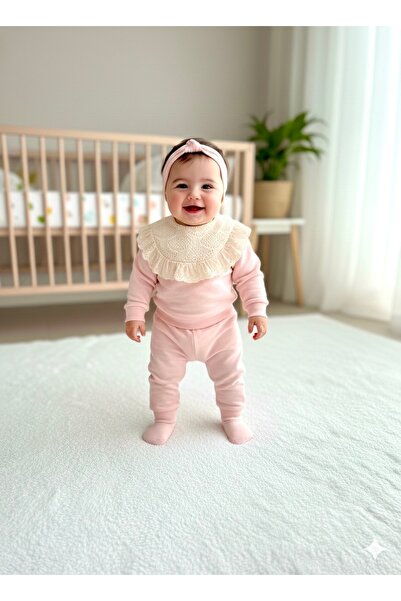 Kız Bebek Fisto Dantel Yakalı Pembe Takım - Pamuklu Sweatshirt ve Alt Eşofman Seti