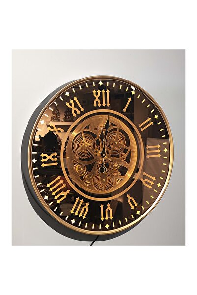 Store Dekoratif Duvar Saati 60x60 cm Metal Çarklı LED Işıklı Özel Tasarım
