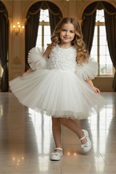 ABİYEKİDS Rochie de seara pentru copii cu maneci cu pompon, cu imprimare tran...