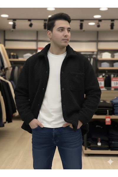 ATKGİYİM – Erkek Krem siyah beyaz Extra Bol Kesim (Oversize) peluş Ceket Gömlek