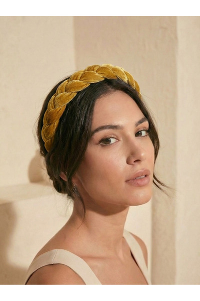 MegssStore Sarı Örgülü Kadife Taç