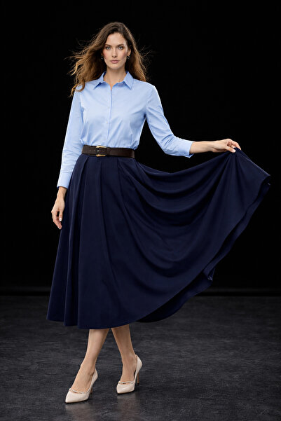 studio fashion 1988 Women's Navy Blue High Waist Pleated Belted Midi Skirt